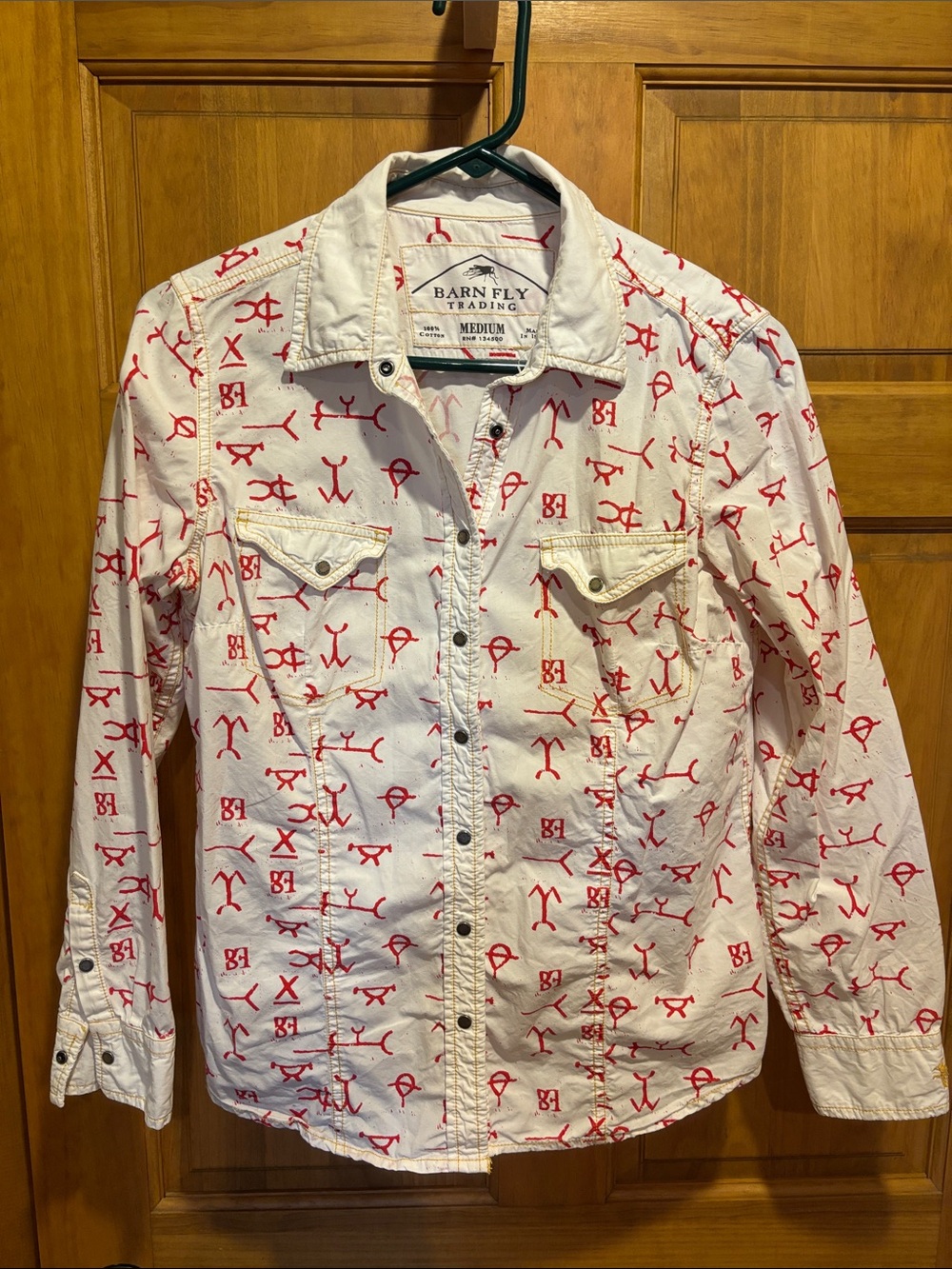 Barn Fly Trading Women's White Button-Down Shirt with Red Brand Print